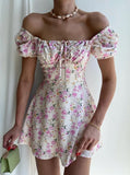Mini Önü Bağlamalı Çiçekli Elbise Bej