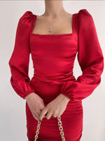 Uzun Kollu Büzgülü Mini Elbise Kırmızı