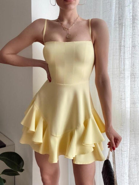 Askılı Prenses Mini Elbise Sarı