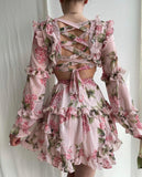 Mini Fırfırlı Çiçekli Elbise Pembe