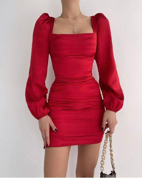 Uzun Kollu Büzgülü Mini Elbise Kırmızı