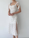 Askılı Uzun Çiçekli Elbise Beyaz