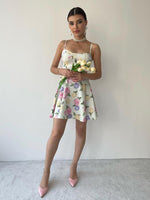 Askılı Mini Gül Desenli Elbise Bej