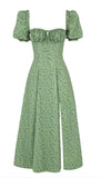 Uzun Yırtmaç Detaylı Çiçekli Elbise Yeşil