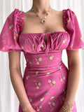 Uzun Yırtmaç Detaylı Çiçekli Elbise Koyu Pembe