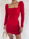 Mini Büzgülü Kare Yaka Elbise Kırmızı