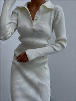 Düğmeli Fitilli Triko Elbise Beyaz