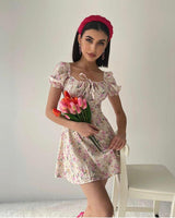 Mini Önü Bağlamalı Çiçekli Elbise Bej