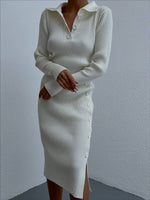 Düğmeli Fitilli Triko Elbise Beyaz