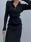 Düğmeli Fitilli Triko Elbise Siyah